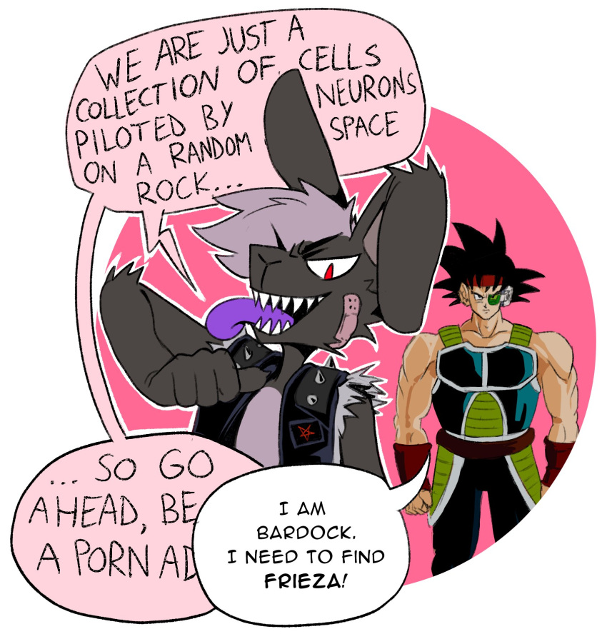 anthro band-aid band-aid_on_face bandage bardock black_bottomwear black_clothing black_hair black_jacket black_pants black_topwear bottomwear cheek_tuft clothing dialogue dragon_ball duo english_text facial_tuft fangs fanteliscio fur gesture green_clothing green_topwear grey_body grey_fur hair half-closed_eyes hi_res humor jacket lagomorph leather leather_clothing leather_jacket leather_topwear leporid male mammal narrowed_eyes nick_(the_xing1) open_mouth open_smile pants parody patch_(fabric) pentagram pointing pointing_at_self purple_tongue rabbit red_eyes saiyan simple_background sleeveless_jacket smile speech_bubble standing teeth text thumbs_up tongue tongue_out topwear tuft