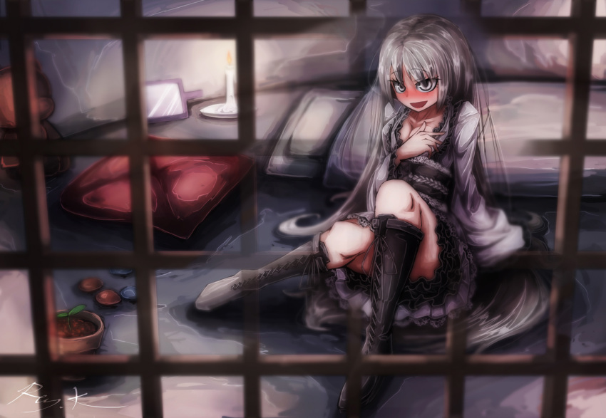 1girl blush breasts cage dorei_to_no_seikatsu_~teaching_feeling~ dress grey_eyes grey_hair hand_on_own_chest long_hair looking_at_viewer no_scar open_mouth ray-k smile solo sylvie_(dorei_to_no_seikatsu)