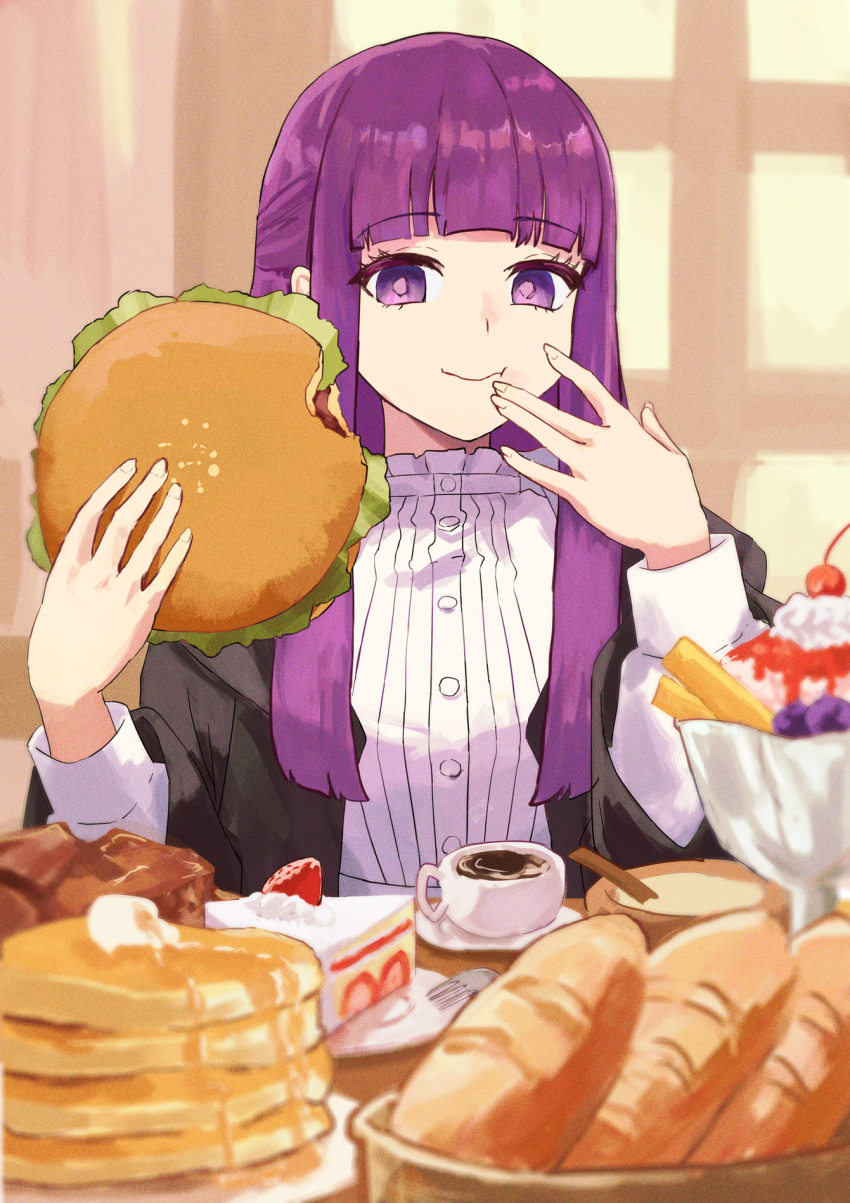 1girl black_jacket blunt_bangs bread burger buttons cake cake_slice cherry chewing clip_studio_paint_(medium) closed_mouth coffee cream cup eating fern_(sousou_no_frieren) fingernails food fork frilled_shirt frills fruit hand_to_own_mouth hand_up highres holding holding_food ice_cream_cup jacket long_hair long_sleeves looking_at_viewer making-of_available plate purple_eyes purple_hair ryoha_kosako saucer shirt sidelocks solo sousou_no_frieren strawberry teacup upper_body video_thumbnail white_shirt