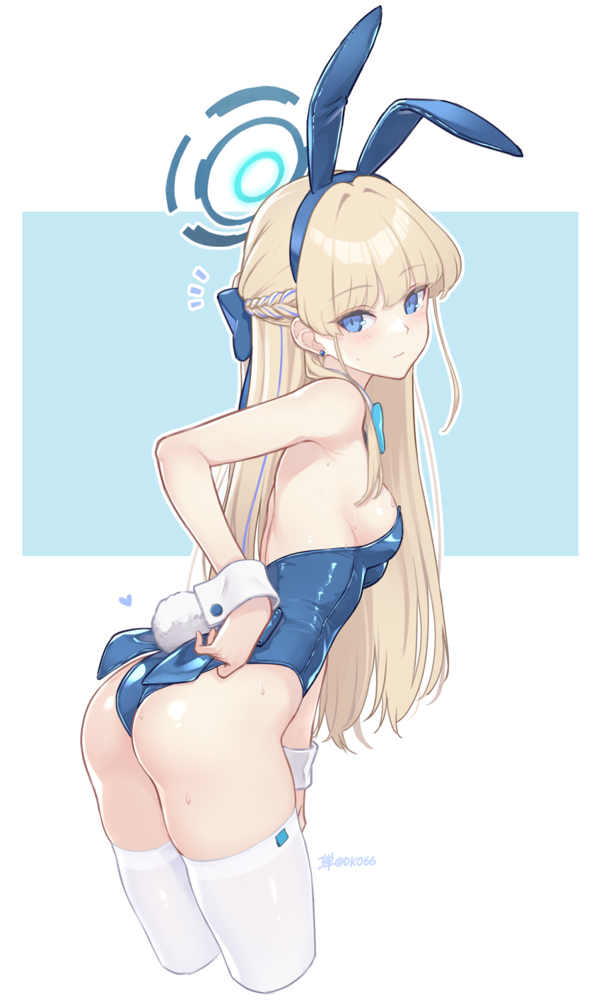 1girl animal_ears ass bare_shoulders blonde_hair blue_archive blue_eyes blue_leotard blush bow bowtie braid breasts dan_(kumadan) detached_collar fake_animal_ears french_braid hair_bow halo highleg highleg_leotard highres leotard long_hair looking_at_viewer looking_back medium_breasts playboy_bunny rabbit_ears rabbit_tail solo tail thighhighs thighs toki_(blue_archive) toki_(bunny)_(blue_archive) white_thighhighs wrist_cuffs