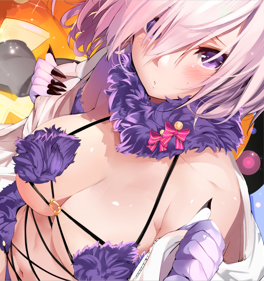 1girl absurdres bangs bare_shoulders blush bow breasts claws cleavage dangerous_beast elbow_gloves eyebrows_visible_through_hair fate/grand_order fate_(series) fur fur-trimmed_gloves fur_collar fur_trim gloves hair_over_one_eye halloween halloween_costume hands_up highres jack-o'-lantern large_breasts looking_at_viewer marushin_(denwa0214) mash_kyrielight medium_hair navel o-ring o-ring_top open_mouth parted_lips pumpkin purple_eyes purple_gloves purple_hair removing_jacket revealing_clothes short_hair solo sparkle stomach undressing upper_body