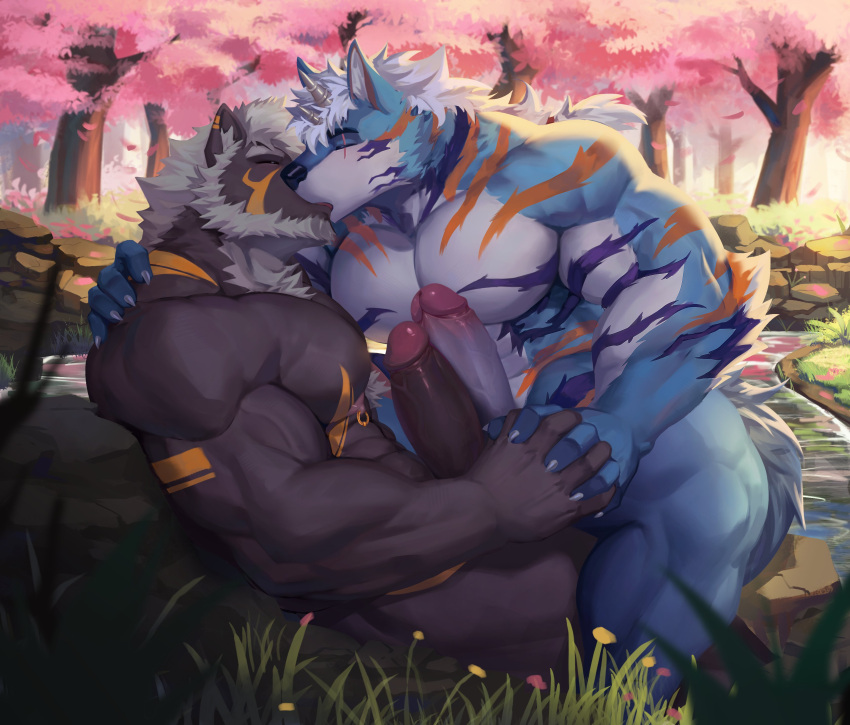 abs absurd_res anthro biceps black_nose blue_body blue_fur brown_body brown_fur brown_penis bulge cherry_blossom cherry_blossom_tree cherry_tree claws duo erection eye_scar eyes_closed facial_scar fingers forest fruit_tree fur genitals glans gold_markings hair hand_holding hi_res horn jewelry kissing kult2k looking_at_another male markings muscular muscular_anthro muscular_male muscular_thighs navel nipple_piercing nipples on_ground open_mouth orange_markings outside pecs penis piercing pink_glans pink_nipples pink_nose plant purple_markings ring_piercing scar tail teeth touching_noses tree triceps tuft white_body white_claws white_fur white_hair white_horn white_penis