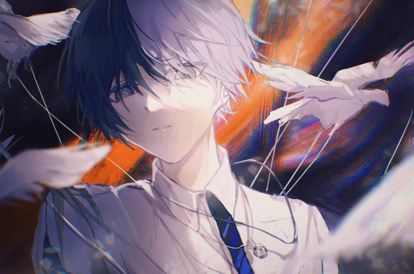 1boy aoyagi_touya bird black_background black_necktie blue_background blue_hair blue_necktie blurry collared_shirt commentary dark_blue_hair depth_of_field expressionless eyes_visible_through_hair grey_eyes grey_hair hair_over_eyes highres jewelry long_bangs looking_at_viewer makino_chisato male_focus multicolored_background multicolored_hair necklace necktie orange_background pale_skin pendant portrait project_sekai shirt solo split-color_hair two-tone_hair white_shirt