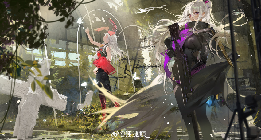 2girls absurdres animal_ears anti-materiel_rifle bodysuit breasts bug butterfly charolic_(girls'_frontline_2) cloak cross girls'_frontline girls'_frontline_2:_exilium grey_hair gun highres holding holding_gun holding_weapon long_hair multiple_girls nemesis_(girls'_frontline_2) om_50_nemesis purple_eyes rabbit_ears red_eyes rifle sniper_rifle vegetation weapon weibo_username xiang_tui_tui