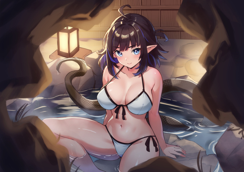 1girl ahoge arknights bare_shoulders bikini black_trim blue_eyes blue_hair bob_cut breasts breasts_apart closed_mouth colored_inner_hair eunectes_(arknights) front-tie_bikini_top front-tie_top halterneck lantern large_breasts light_blush light_smile looking_at_viewer medium_hair multicolored_hair navel onsen partially_submerged pointy_ears saylamars side-tie_bikini_bottom sitting snake_tail solo strap_gap swept_bangs swimsuit tail water white_bikini wide_hips