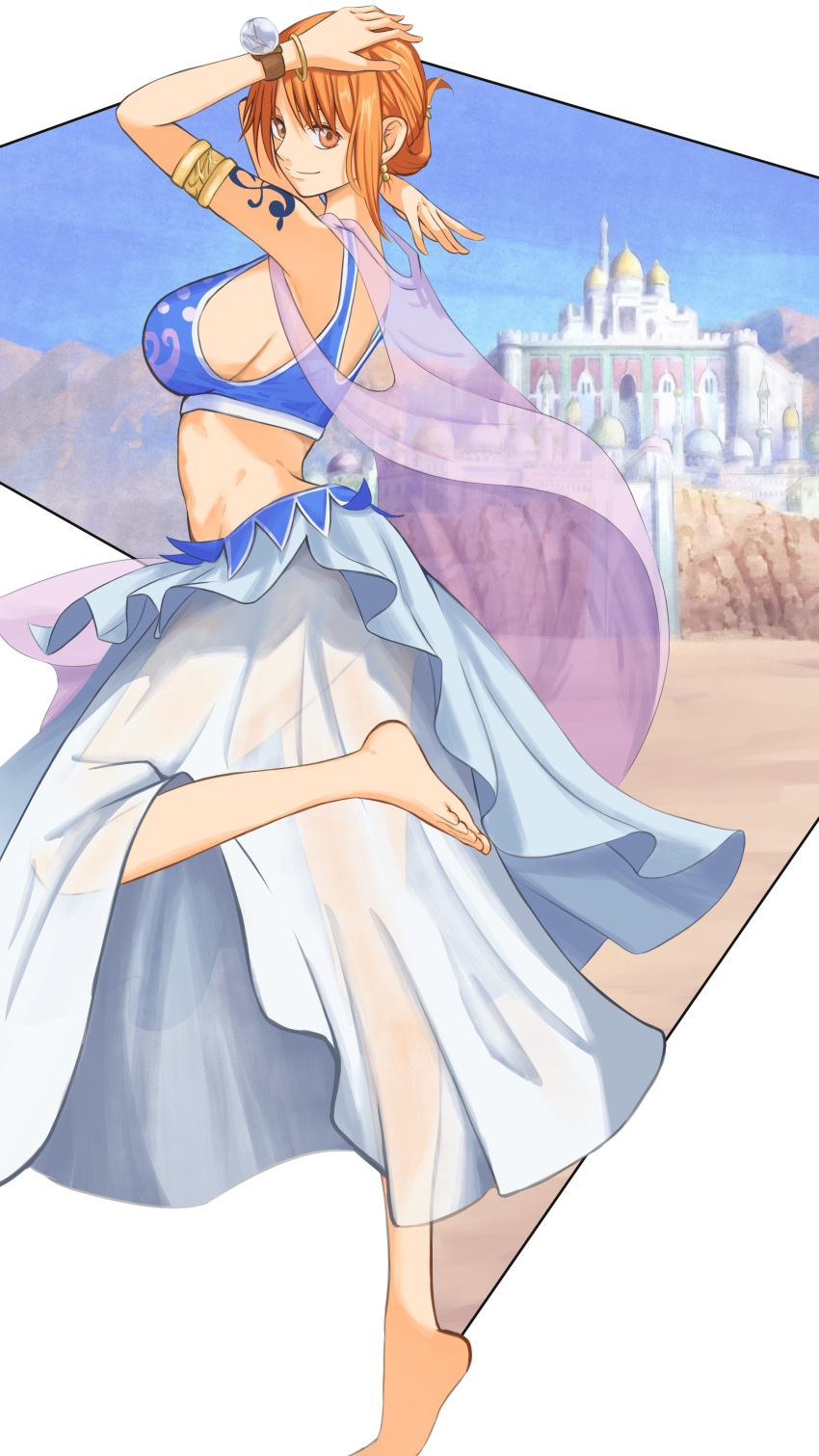1girl absurdres arabian_clothes armlet barefoot bracelet breasts closed_mouth commentary_request crop_top dancer earrings folded_hair harem_outfit highres jewelry large_breasts log_pose long_skirt looking_at_viewer nami_(one_piece) one_piece orange_eyes orange_hair palace short_hair shoulder_tattoo sideboob skirt smile solo standing standing_on_one_leg tattoo veil white_skirt