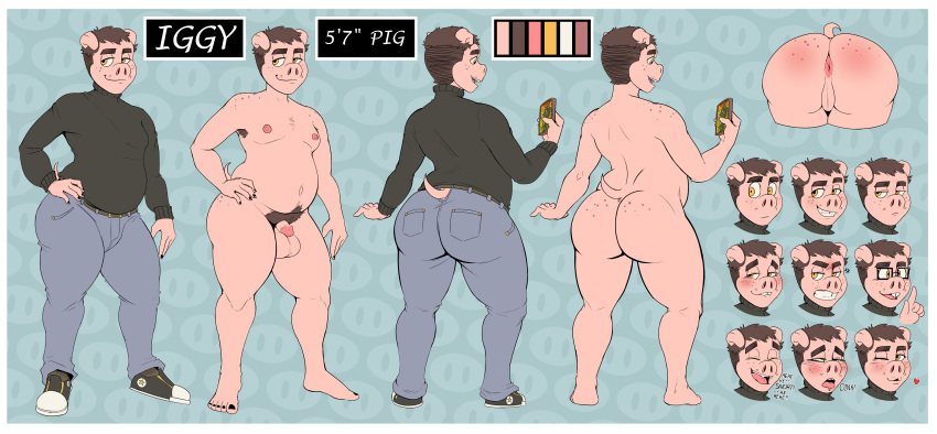 absurd_res animal_humanoid anus armpit_hair ass_up balls belly belt belt_buckle big_balls big_belly big_bulge big_butt blush blush_lines blush_stickers blushing_profusely body_hair bottomwear bulge butt chubby_anthro chubby_belly chubby_cheeks chubby_humanoid chubby_male clothed clothed/nude clothed_anthro clothing colored_nails converse_shoes denim denim_bottomwear denim_clothing domestic_pig electronics eyewear floppy_ears freckles freckles_on_butt freckles_on_face freckles_on_shoulders genitals glasses hair hi_res humanoid iggy_(zenarator) jeans male mammal mammal_humanoid model_sheet nails nerd nipples nude pants penis phone phone_screen pig_humanoid pig_nose presenting presenting_hindquarters pubic_fuzz short_hair short_tail size_difference slightly_chubby small_penis smaller_male smile snout suid suid_humanoid suina suina_humanoid sus_(pig) sweater tail thick_thighs tooth_gap topwear turtleneck wide_hips zenarator_(artist)