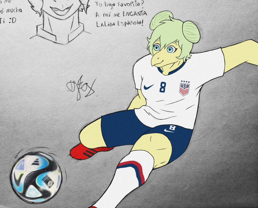 action_pose adidas anthro ball blue_eyes bottomwear breasts clothed clothing colored dinosaur female footwear goodbye_volcano_high green_hair hair hi_res jersey ornithischian plantigrade pose reptile scales scalie short_hair shorts simple_background smile snoot_game snout soccer_ball soccer_uniform socks solo spanish_text sportswear stegosaurian stegosaurus stella_(snoot_game) tailless text thyreophoran uniform wolphox yellow_body yellow_scales