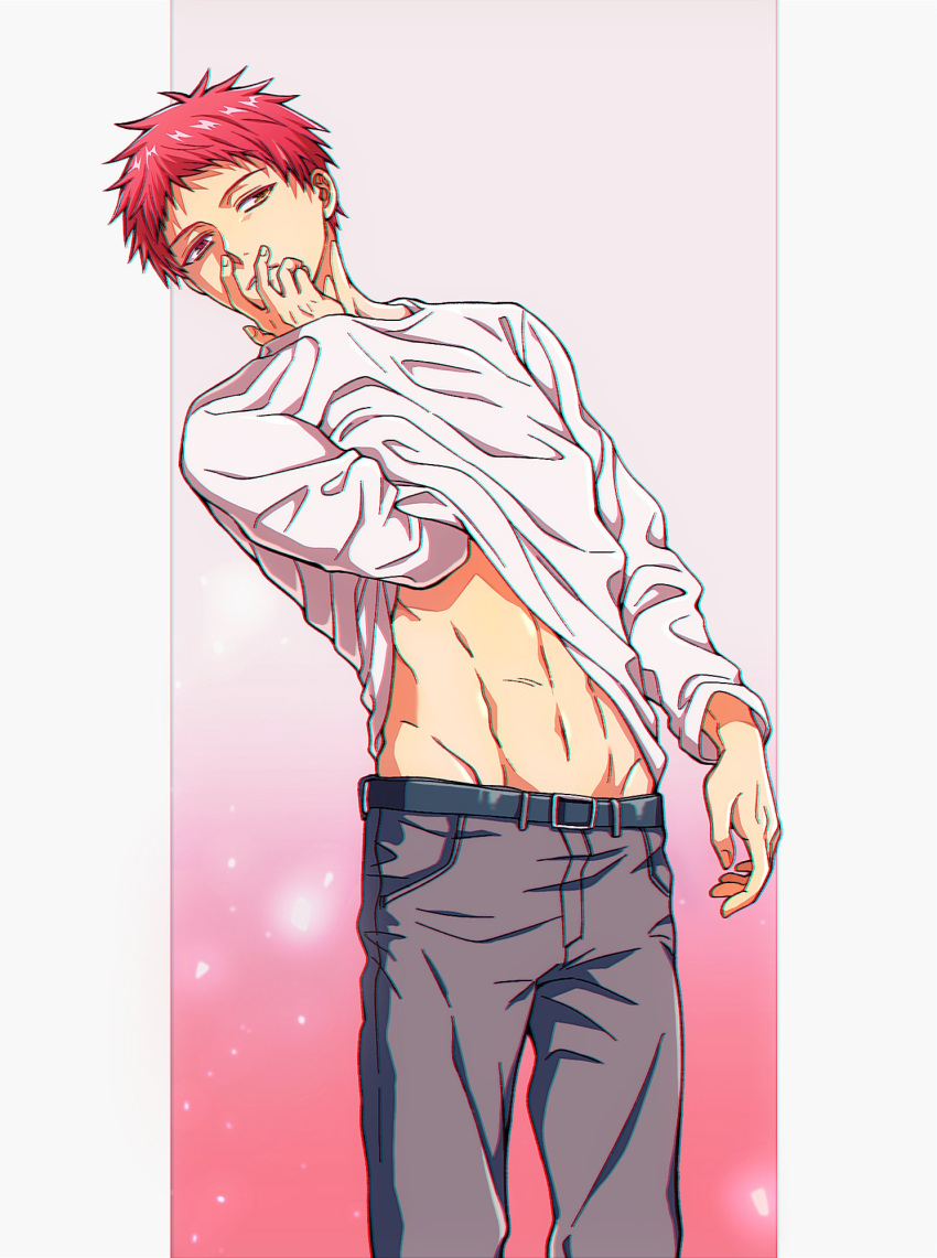 1boy akashi_seijuurou belt clothes_lift grey_pants guilty_challenge_(meme) heterochromia highres kuroko_no_basuke long_sleeves male_focus meme navel pants pg173ab red_eyes red_hair shirt shirt_lift short_hair solo stomach toned toned_male white_shirt yellow_eyes