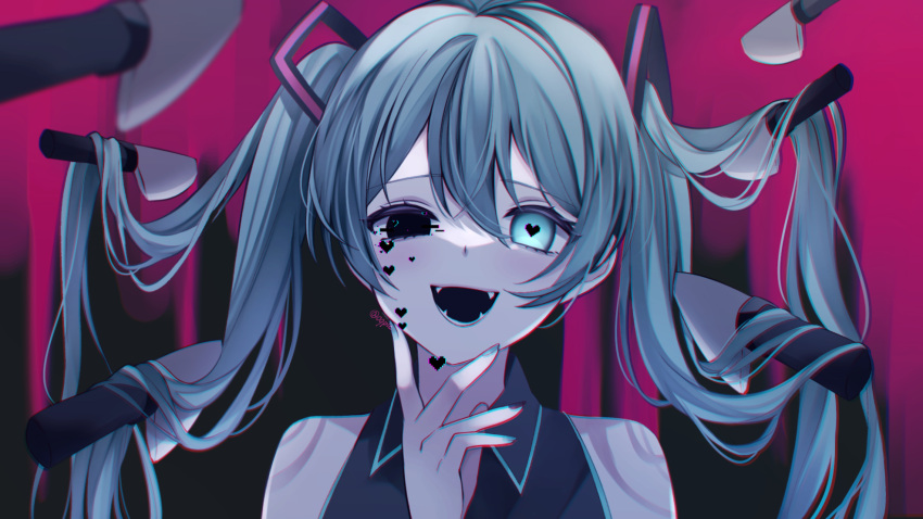 1girl blue_eyes blue_hair blush canary999 collared_shirt fangs glitch hair_ornament hand_on_own_chin hatsune_miku heart heart-shaped_pupils heterochromia highres knife long_hair looking_at_viewer nail_polish open_mouth pixel_heart shirt sleeveless sleeveless_shirt smile solo symbol-shaped_pupils twintails upper_body very_long_hair vocaloid