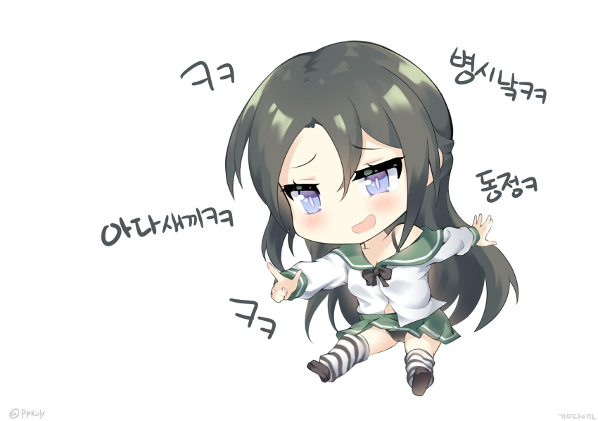 1girl artist_name black_bow black_bowtie black_footwear black_hair black_panties blue_eyes blush bow bowtie bra_strap chibi commentary_request fairy_(girls'_frontline) girls'_frontline green_sailor_collar green_skirt hair_between_eyes highres kim_da-yoon korean_commentary korean_text long_hair long_sleeves open_mouth panties pleated_skirt pointing sailor_collar school_uniform shirt shoes simple_background single_off_shoulder skirt smile smug solo striped striped_thighhighs taunt_fairy_(girls'_frontline) taunting thighhighs translation_request twitter_username underwear white_background white_shirt