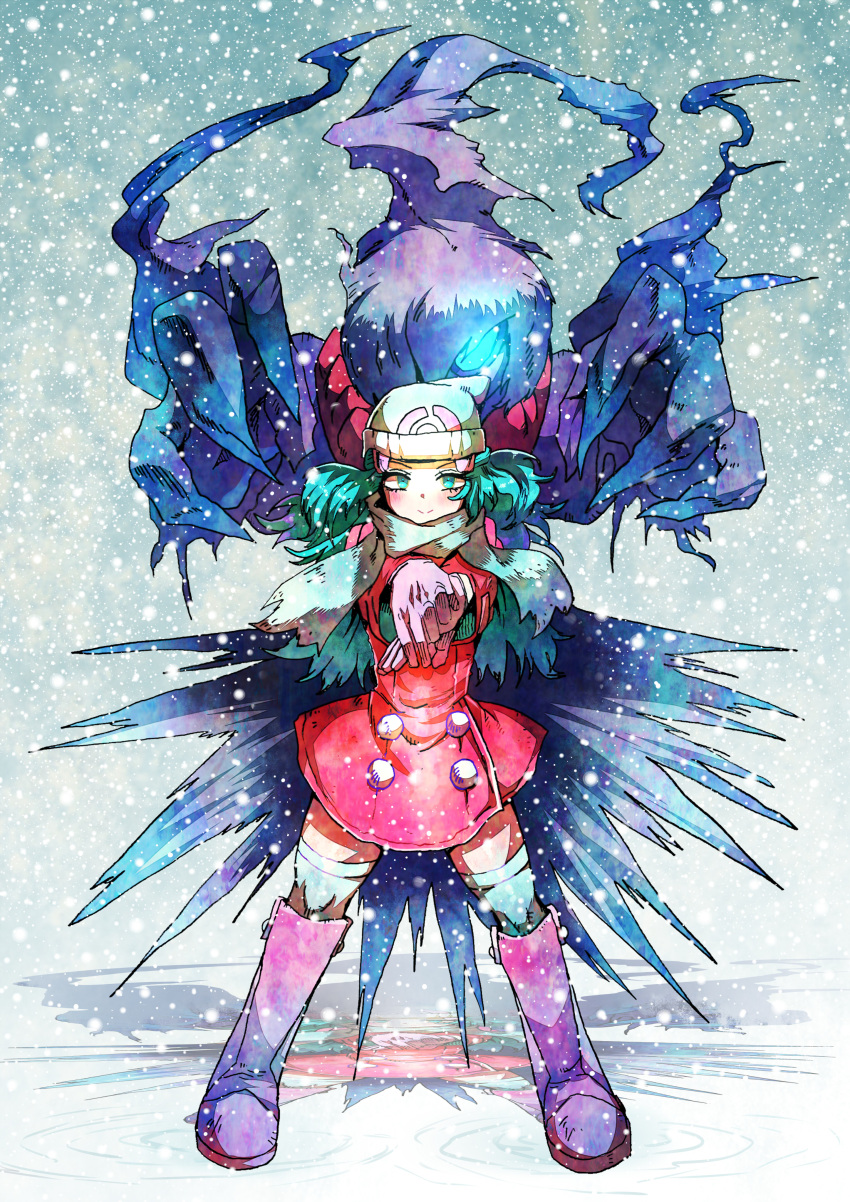 1girl absurdres alternate_hair_color beanie blue_eyes blue_hair boots closed_mouth coat darkrai dawn_(pokemon) full_body gloves hair_ornament hat highres knee_boots legs_apart light_blue_hair long_hair long_sleeves looking_at_viewer matomero outstretched_arms pink_footwear pink_gloves pokemon pokemon_(creature) pokemon_dppt pokemon_platinum red_coat reflection ripples scarf smile snow snowing split_mouth standing thighhighs white_headwear white_scarf white_thighhighs