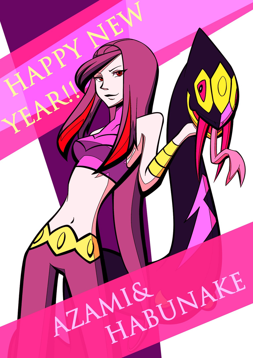 artist_request azami_(pokemon) bangs bare_shoulders black_hair character_name crop_top fangs frontier_brain happy_new_year highres multicolored_hair navel new_year pants pokemon pokemon_(game) pokemon_rse red_eyes red_hair seviper tongue tongue_out very_long_hair