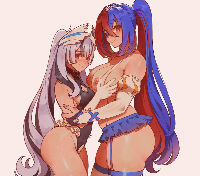 2girls alear_(female)_(fire_emblem) alear_(fire_emblem) bare_shoulders black_hair blue_eyes blue_hair braid breasts crossed_bangs crotchless crotchless_leotard fire_emblem fire_emblem_engage frills garter_straps grabbing grabbing_another's_breast grey_hair groping hair_ornament heterochromia highres incest large_breasts long_hair looking_at_viewer multicolored_hair multiple_girls nervous nervous_smile nipples nyantcha official_alternate_hairstyle petite purple_eyes red_eyes red_hair skirt small_breasts smile split-color_hair thick_thighs thighhighs thighs tiara two-tone_hair very_long_hair veyle_(fire_emblem) wavy_hair yuri