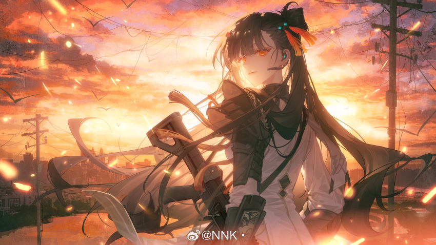 1girl absurdres armor assault_rifle bird black_hair cityscape cloud cloudy_sky earpiece floating_hair girls'_frontline girls'_frontline_2:_exilium gun hair_ornament highres long_hair looking_at_viewer looking_back orange_eyes qbz-191 rifle shoulder_armor simple_bird sky solo upper_body utility_pole weapon weibo_1765307475 weibo_username