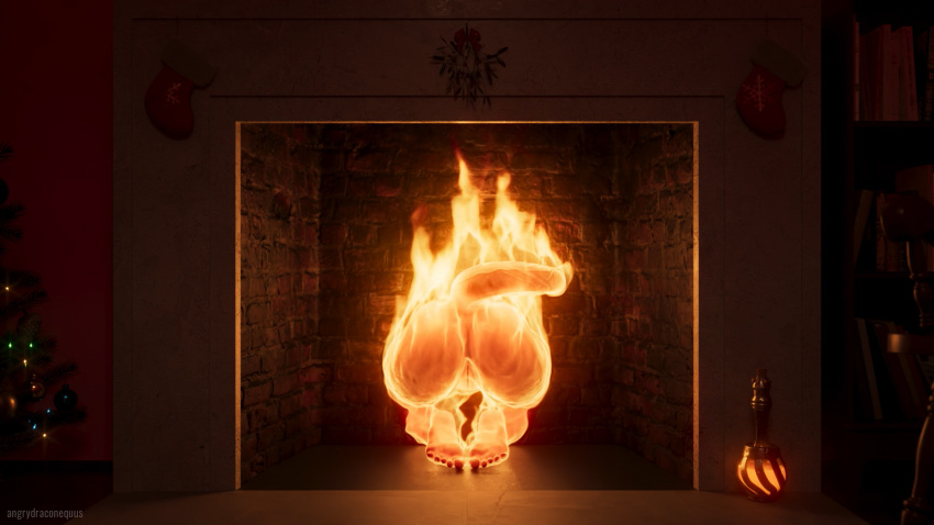 16:9 3d_(artwork) 5_toes angrydraconequus anus baldur's_gate baldur's_gate_3 biped blender_(software) book bookshelf burning butt chair christmas christmas_decorations christmas_lights christmas_ornament christmas_stocking christmas_tree digital_media_(artwork) feet female fire fireplace furniture genitals hi_res holidays humanoid inside karlach_(baldur's_gate) kneeling mistletoe nude ornament plant potion potion_bottle pussy solo tail through_wall tiefling toes tree widescreen yule_log