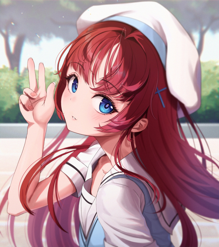 1girl beret blue_eyes blue_sweater_vest blurry blurry_background blush bright_pupils chiu538 commentary commission da_capo day depth_of_field eyelashes fingernails floating_hair hair_intakes hair_ornament hand_up hat head_tilt highres long_hair outdoors parted_lips red_hair sailor_collar salute school_uniform serafuku shirakawa_kotori shirt short_sleeves sidelocks smile solo sweater_vest tsurime two-finger_salute upper_body very_long_hair white_headwear white_sailor_collar white_shirt x_hair_ornament