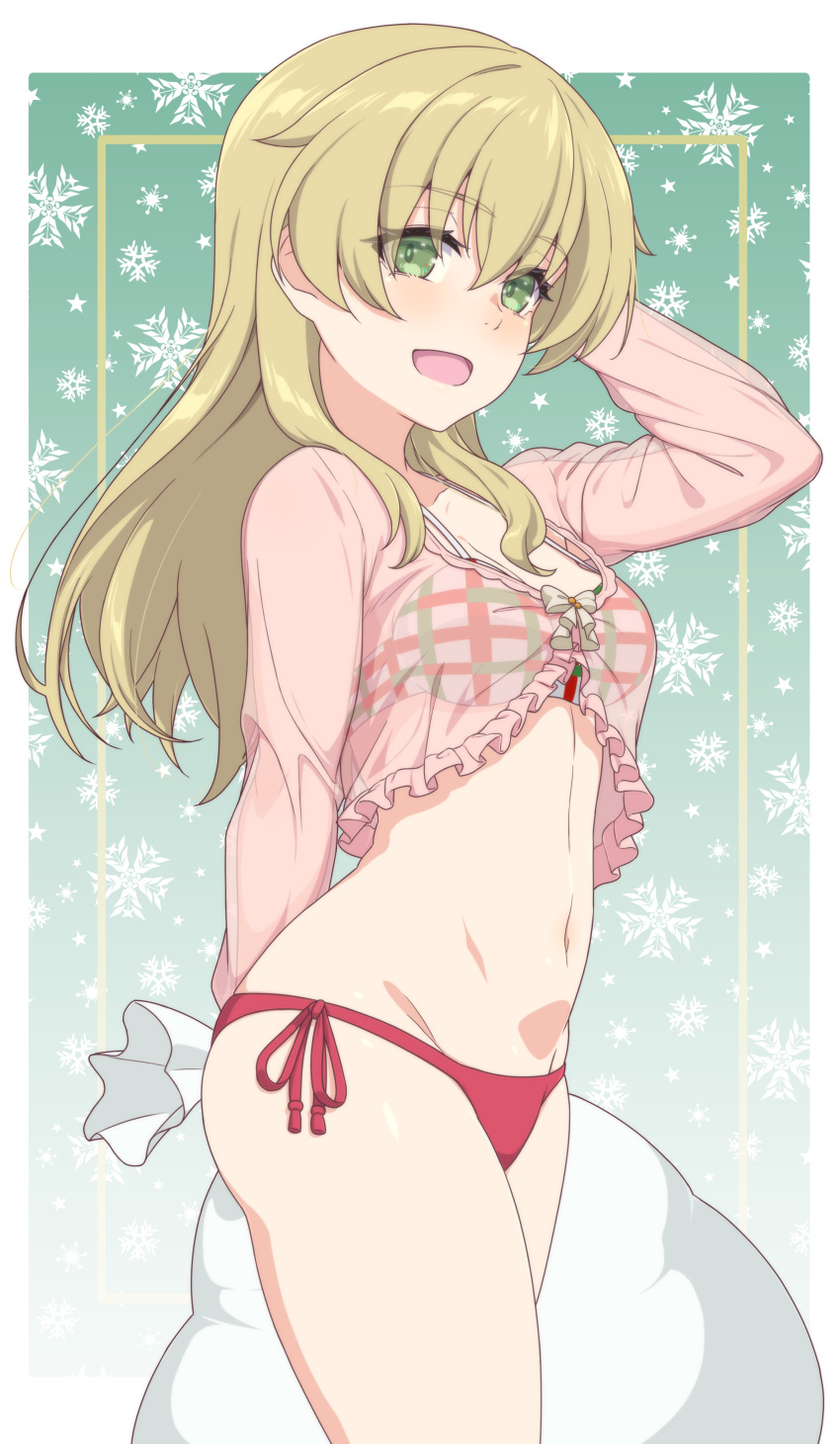 1girl absurdres ada_badguy blonde_hair blush breasts carpaccio_(girls_und_panzer) commentary_request girls_und_panzer green_eyes highres long_hair looking_at_viewer navel open_mouth panties red_panties side-tie_panties small_breasts smile snowflake_background solo underwear