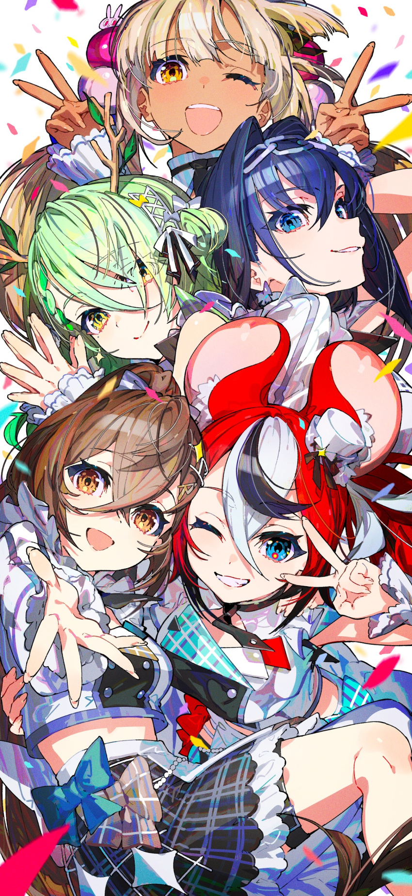 5girls :d absurdres animal_ears black_hair blonde_hair blue_eyes blue_hair brown_eyes brown_hair ceres_fauna confetti double_v green_hair grin hakos_baelz hand_on_another's_back highres holocouncil hololive hololive_english looking_at_viewer mika_pikazo mouse_ears multicolored_hair multiple_girls nanashi_mumei one_eye_closed orange_eyes ouro_kronii outstretched_hand red_hair smile tsukumo_sana v white_background white_hair yellow_eyes