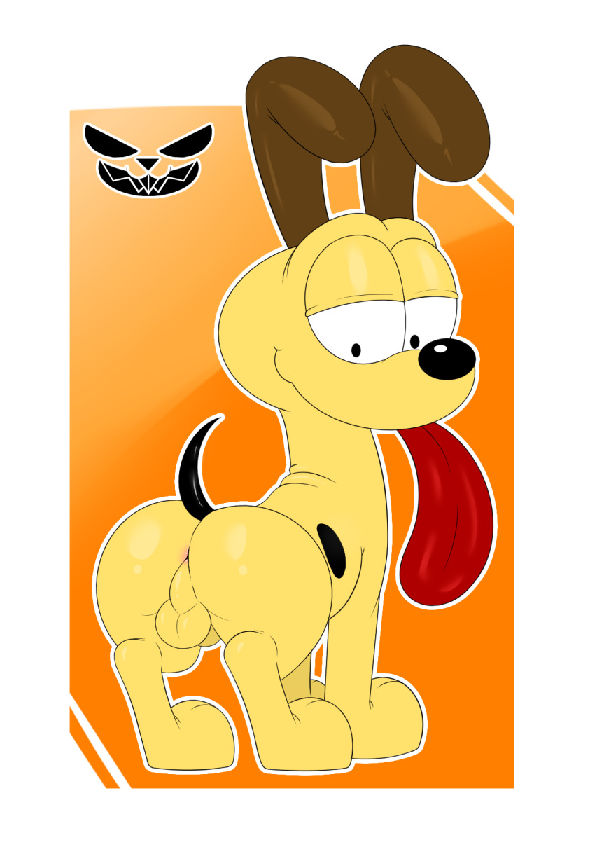 animal_genitalia backsack balls black_tail brown_ears butt canid canine cartoon_network feral fur garfield_(series) genitals hi_res looking_back male mammal odie_the_dog outline pepperbunny presenting presenting_hindquarters raised_tail sheath simple_background solo spots tail tongue tongue_out watermark yellow_body yellow_fur