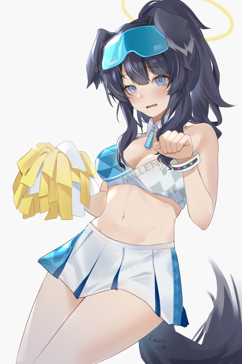 1girl absurdres animal_ears black_hair blue-tinted_eyewear blue_archive blue_eyes breasts cheerleader commentary cowboy_shot dog_ears dog_tail eyewear_on_head halo hibiki_(blue_archive) hibiki_(cheer_squad)_(blue_archive) high_ponytail highres long_hair looking_ahead medium_breasts navel official_alternate_costume open_mouth paw_pose pleated_skirt pom_pom_(cheerleading) ponytail r1meo simple_background skirt solo star_sticker sticker_on_face tail thighs tinted_eyewear white_background white_skirt yellow_halo