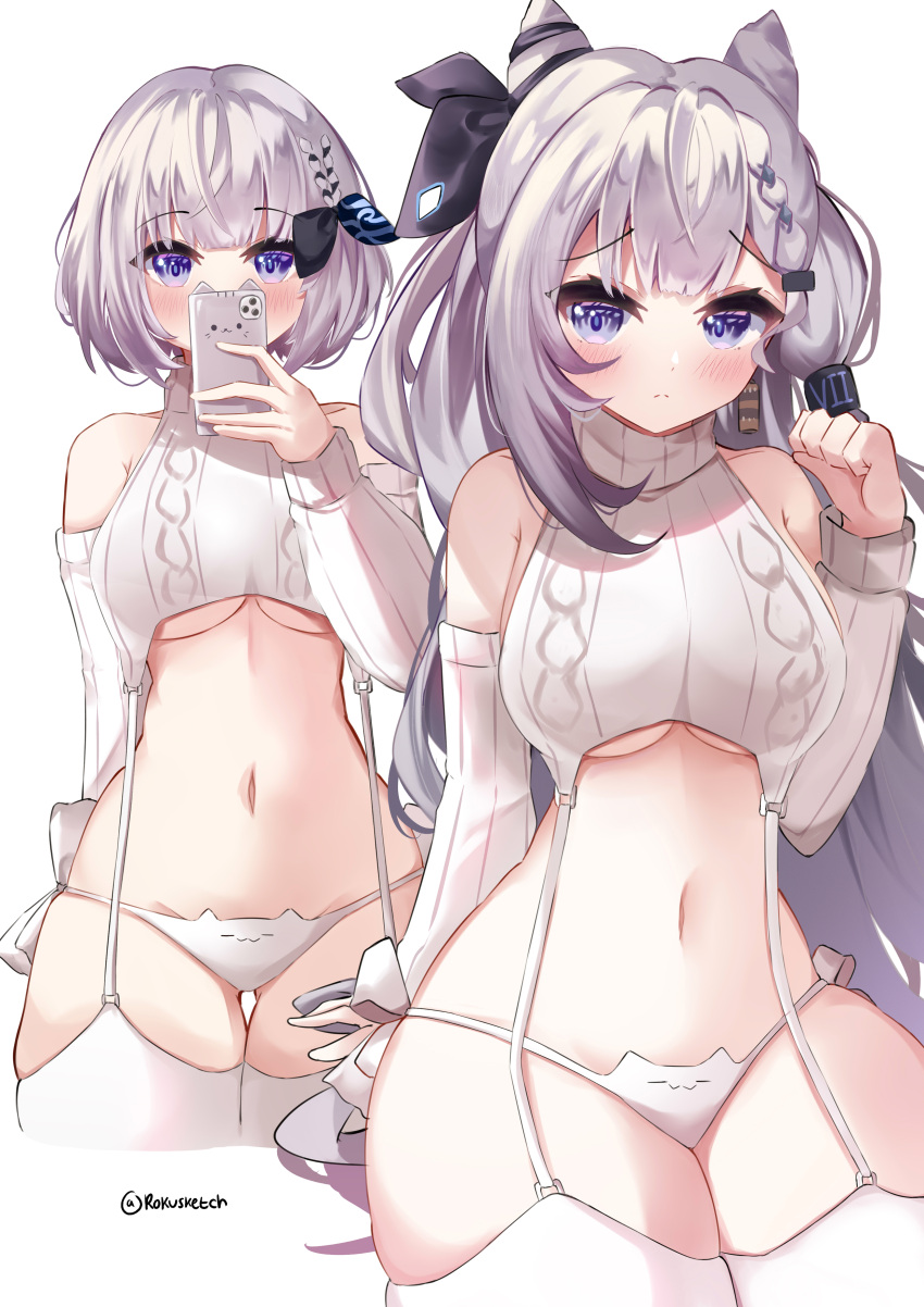 1girl absurdres blue_eyes bob_cut breasts cellphone cone_hair_bun detached_sleeves grey_garter_straps grey_hair grey_panties grey_sleeves grey_sweater grey_thighhighs hair_bun highres holding holding_phone hololive hololive_indonesia long_hair looking_at_viewer medium_breasts meme_attire navel panties phone rokusketch smartphone solo sweater thighhighs underwear vestia_zeta virgin_destroyer_sweater virtual_youtuber