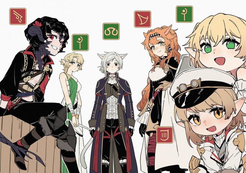 6+girls animal_ears ascot asymmetrical_hair au_ra bard_(final_fantasy) belt black_coat black_dress black_gloves black_hair black_jacket black_pants blonde_hair breasts cat_ears cat_tail center_frills checkered_hairband chest_strap chinese_commentary cleavage coat commentary_request crossover dragon_horns dragon_tail dress druvis_iii elezen elf expressionless facial_mark feather_hair_ornament feathers final_fantasy final_fantasy_xiv frills gloves green_dress green_eyes grey_eyes grey_hair grin hair_bun hair_ornament holding holding_staff horns jacket kemonomimi_mode lalafell long_hair long_sleeves looking_at_viewer machinist_(final_fantasy) miqo'te multiple_girls no_pupils no_shirt open_mouth orange_hair pants pointy_ears red_eyes regulus_(reverse:1999) reverse:1999 ringed_eyes sandals scales schneider_(reverse:1999) scholar_(final_fantasy) short_hair single_side_bun sitting slit_pupils small_breasts smile sonetto_(reverse:1999) sotheby staff summoner_(final_fantasy) tail thigh_strap two-tone_dress vertin_(reverse:1999) warrior_of_light_(ff14) whisker_markings white_ascot white_dress white_headwear white_jacket white_mage wrist_wrap xunyu_(manyu)