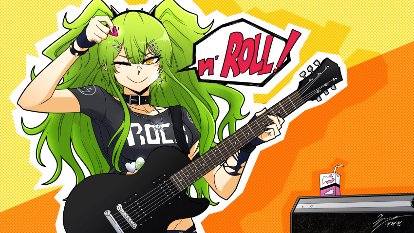 1girl absurdres amplifier arm_up artist_name black_nails black_shirt bracelet breasts collar collarbone earrings electric_guitar english_text girls'_frontline green_hair guitar hair_between_eyes hair_ornament hairclip highres holding holding_guitar holding_instrument holding_plectrum instrument jewelry juice_box large_breasts long_hair looking_at_viewer m950a_(girls'_frontline) necklace one_eye_closed outline plectrum shirt short_sleeves smile solo speech_bubble spiked_bracelet spikes tied_shirt tryvor twintails yellow_eyes