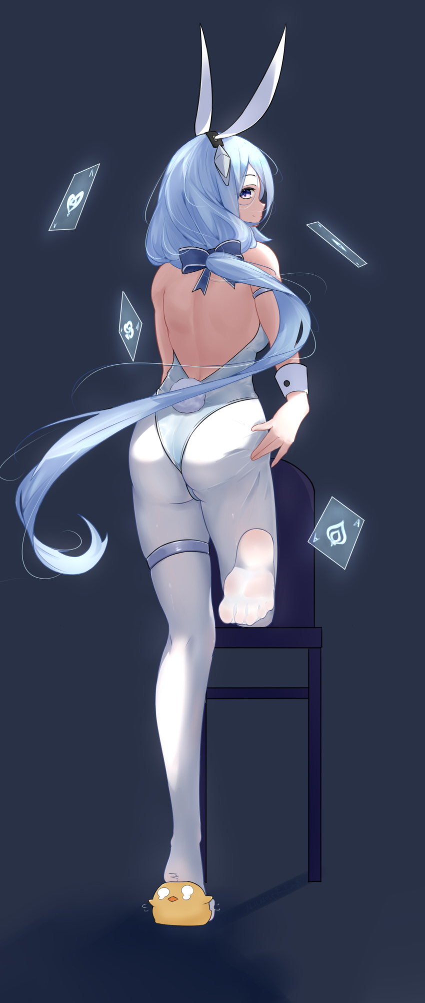 1girl absurdres ace_(playing_card) ace_of_clubs ace_of_diamonds ace_of_hearts ace_of_spades animal_ears ass azur_lane bare_back card chair club_(shape) constellation_(azur_lane) constellation_(galaxy's_finest)_(azur_lane) detached_collar diamond_(shape) fake_animal_ears fake_tail feet from_behind full_body grey_background heart highres leotard looking_at_viewer looking_back manjuu_(azur_lane) pantyhose playboy_bunny playing_card rabbit_ears rabbit_tail simple_background solo spade_(shape) standing standing_on_one_leg tail thigh_strap user_ehgd8577 white_leotard white_pantyhose wrist_cuffs