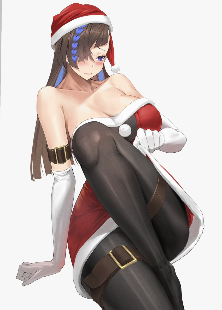 1girl bare_shoulders blue_eyes blue_hair blush braid breasts christmas cleavage dress duel_monster hair_over_one_eye hat highres large_breasts long_hair multicolored_hair red_headwear santa_costume santa_dress santa_hat sayaka_ikku solo streaked_hair thigh_strap witchcrafter_haine yu-gi-oh!