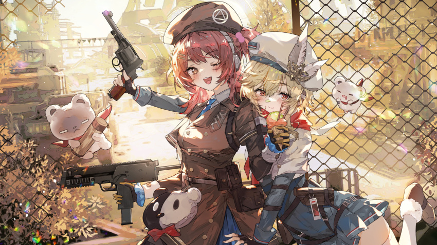 2girls animal_bag black_gloves blonde_hair blush brown_headwear chain-link_fence fence fingerless_gloves food girls'_frontline girls'_frontline_2:_exilium gloves gun h&amp;k_mp7 hair_between_eyes hair_ornament hairpin hat_feather headphones highres holding holding_food holding_gun holding_ice_cream holding_weapon ice_cream looking_at_viewer mp7_(girls'_frontline) multiple_girls nagant_m1895 nagant_revolver_(girls'_frontline) one_eye_closed open_mouth orange_eyes pink_hair pouch red_eyes revolver smile submachine_gun teeth trigger_discipline two-tone_gloves upper_teeth_only weapon white_headwear yellow_gloves zishengtian123