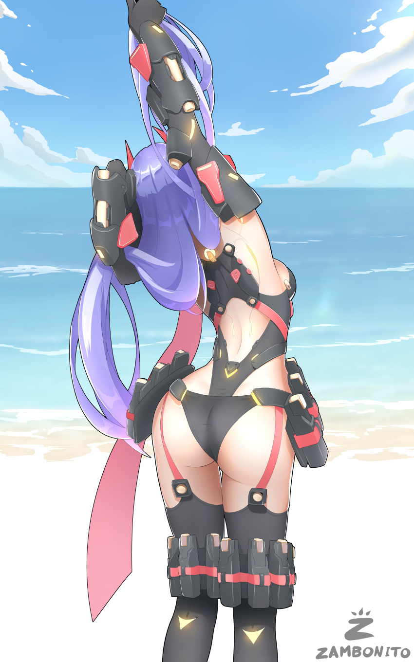 1girl absurdres android arm_up ass back_cutout backboob beach breasts clothing_cutout from_behind headgear highres joints leotard long_hair ocean poppi_(xenoblade) poppi_qtpi_(xenoblade) red_scarf robot robot_joints scarf solo stretching xenoblade_chronicles_(series) xenoblade_chronicles_2 zambonito