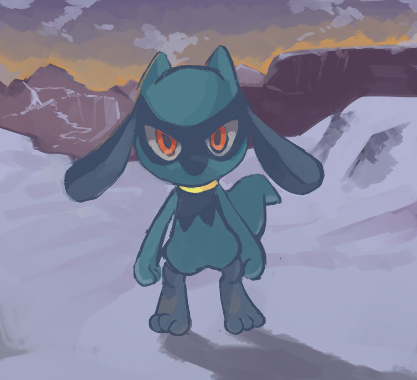 absurdres arms_at_sides buraisu12 closed_mouth dusk full_body highres looking_ahead looking_at_viewer no_humans orange_eyes orange_sky outdoors pokemon pokemon_(creature) riolu shadow sky snow solo standing