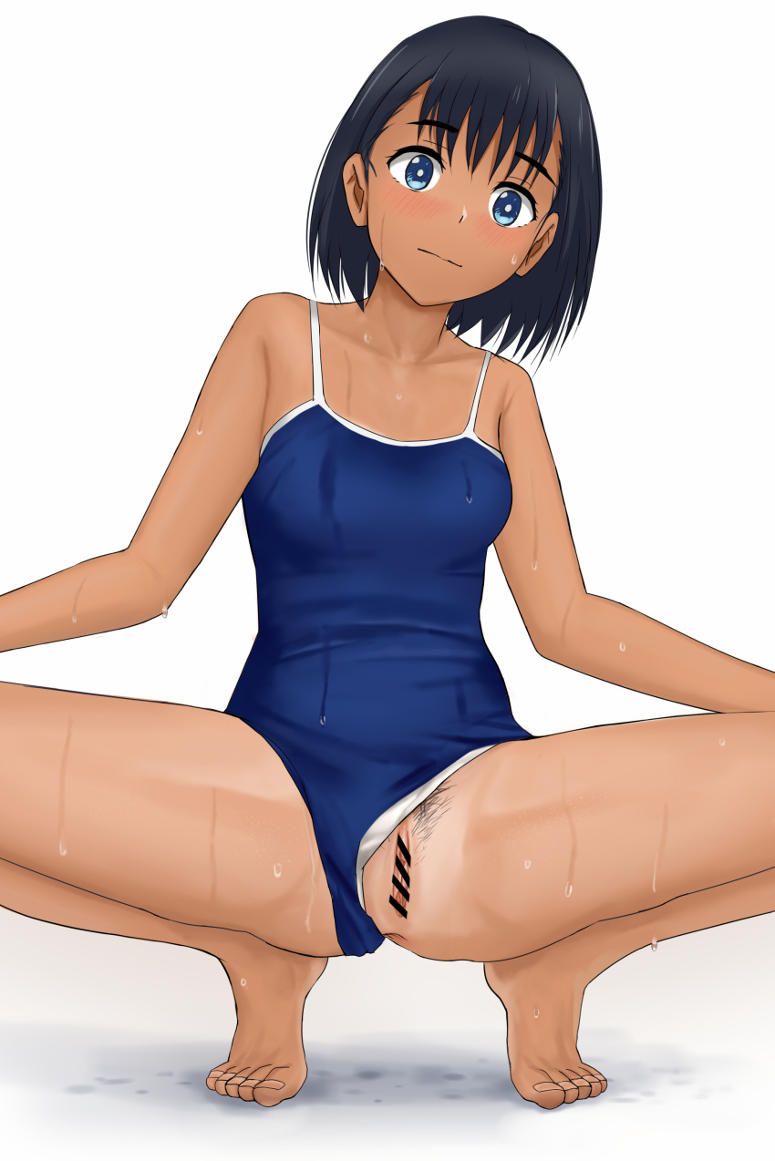 1girl absurdres bar_censor black_hair black_pubic_hair blue_eyes blue_one-piece_swimsuit blush breasts censored closed_mouth clothes_pull clothing_aside competition_school_swimsuit dark-skinned_female dark_skin female_pubic_hair highres kofune_mio looking_at_viewer one-piece_swimsuit one-piece_swimsuit_pull pubic_hair pussy school_swimsuit short_hair simple_background small_breasts solo spread_legs squatting summertime_render swimsuit swimsuit_aside tan tanlines wet white_background yenn8