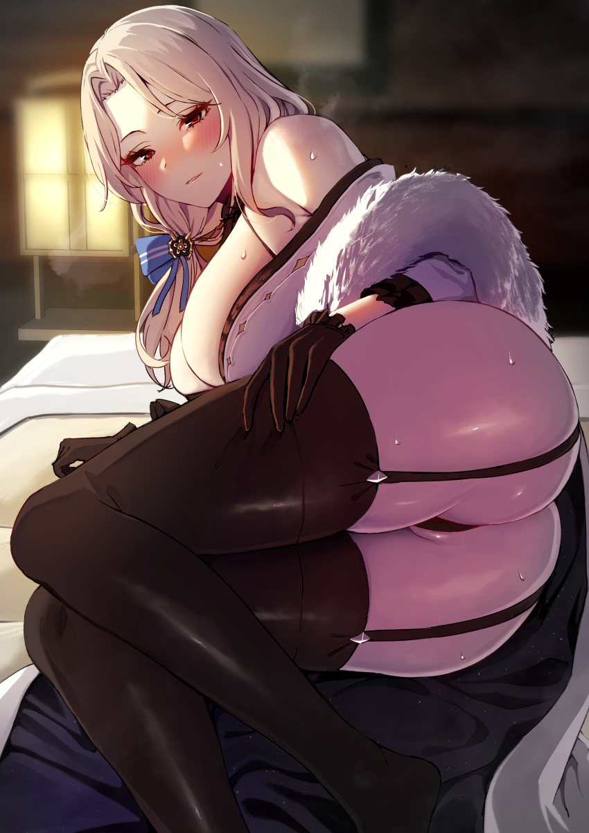 1girl absurdres amano_don ass black_gloves black_thighhighs blonde_hair blue_ribbon blurry blurry_background blush breasts feet_out_of_frame fur_trim gloves goddess_of_victory:_nikke hair_ribbon hand_on_own_thigh highres indoors japanese_clothes large_breasts legs long_hair looking_at_viewer ludmilla_(nikke) ludmilla_(winter_owner)_(nikke) no_shoes official_alternate_costume parted_bangs parted_lips partially_visible_vulva red_eyes ribbon solo steaming_body sweat thighhighs thighs