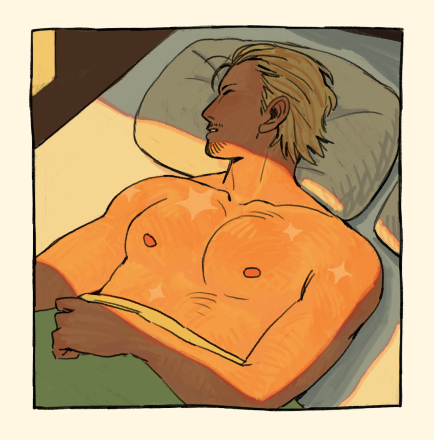 1boy bara beard_stubble blonde_hair closed_eyes dark-skinned_male dark_skin goatee_stubble hair_slicked_back jakkenpoy lying male_focus medium_hair muscular muscular_male mustache_stubble nipples on_back on_bed one_piece paulie pectorals scar scar_on_chest scar_on_shoulder sleeping solo sunlight topless_male under_covers upper_body