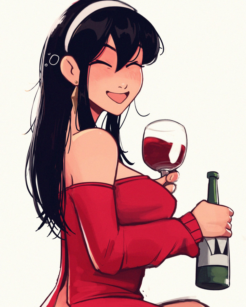 1girl ^_^ alcohol blush bottle breasts closed_eyes cup drinking_glass facing_viewer from_side grey_background hair_behind_ear hairband highres holding holding_bottle long_hair long_sleeves medium_breasts off-shoulder_sweater off_shoulder open_mouth raichiyo33 red_sweater sitting smile solo spy_x_family sweater white_hairband wine wine_bottle wine_glass yor_briar