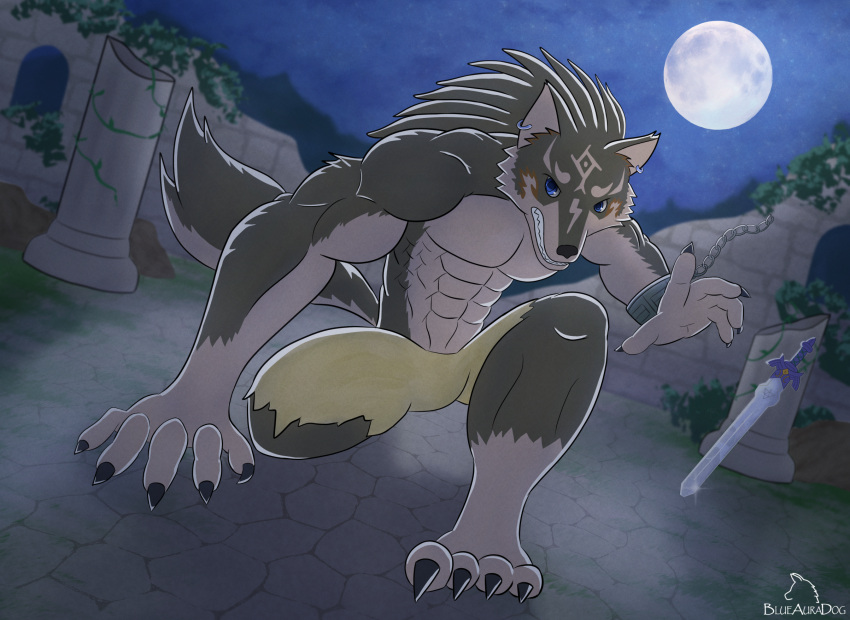 abs action_pose after_transformation anthro blueauradog canid canine full_moon growth hi_res link_(wolf_form) male mammal moon muscle_growth muscular muscular_male night nintendo pose ruins solo the_legend_of_zelda transformation were werecanid werecanine werewolf