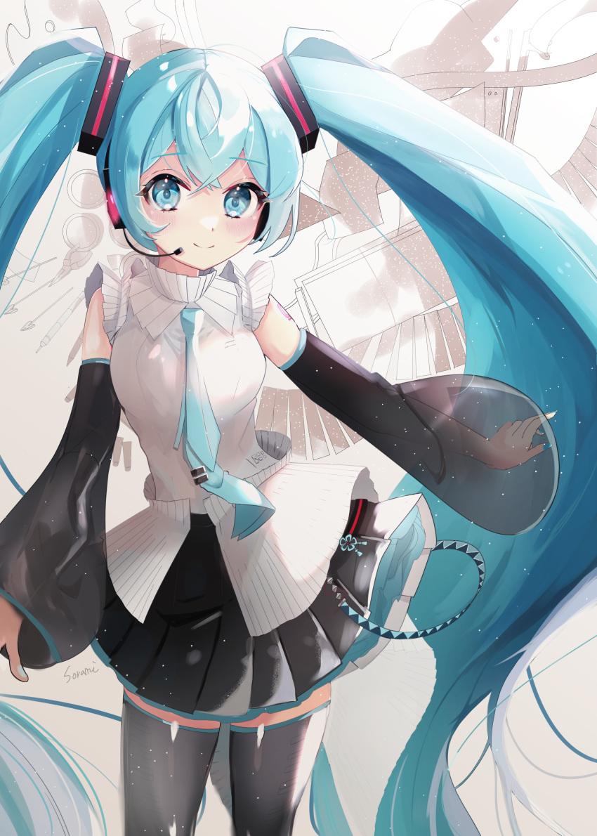 1girl absurdres blue_eyes blue_hair blush collared_shirt hatsune_miku headset highres long_hair long_sleeves looking_at_viewer necktie paper piano_keys pleated_skirt see-through see-through_sleeves shirt skirt sleeveless sleeveless_shirt smile solo sorami thighhighs twintails very_long_hair vocaloid