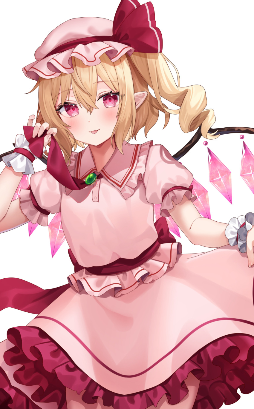 1girl absurdres ascot blonde_hair brooch cosplay crystal_wings flandre_scarlet frilled_skirt frills hat hat_ribbon highres jewelry mob_cap pink_headwear pink_shirt pink_skirt puffy_short_sleeves puffy_sleeves red_ascot red_eyes red_ribbon remilia_scarlet remilia_scarlet_(cosplay) ribbon shirt short_sleeves skirt solo touhou usushio white_background wrist_cuffs
