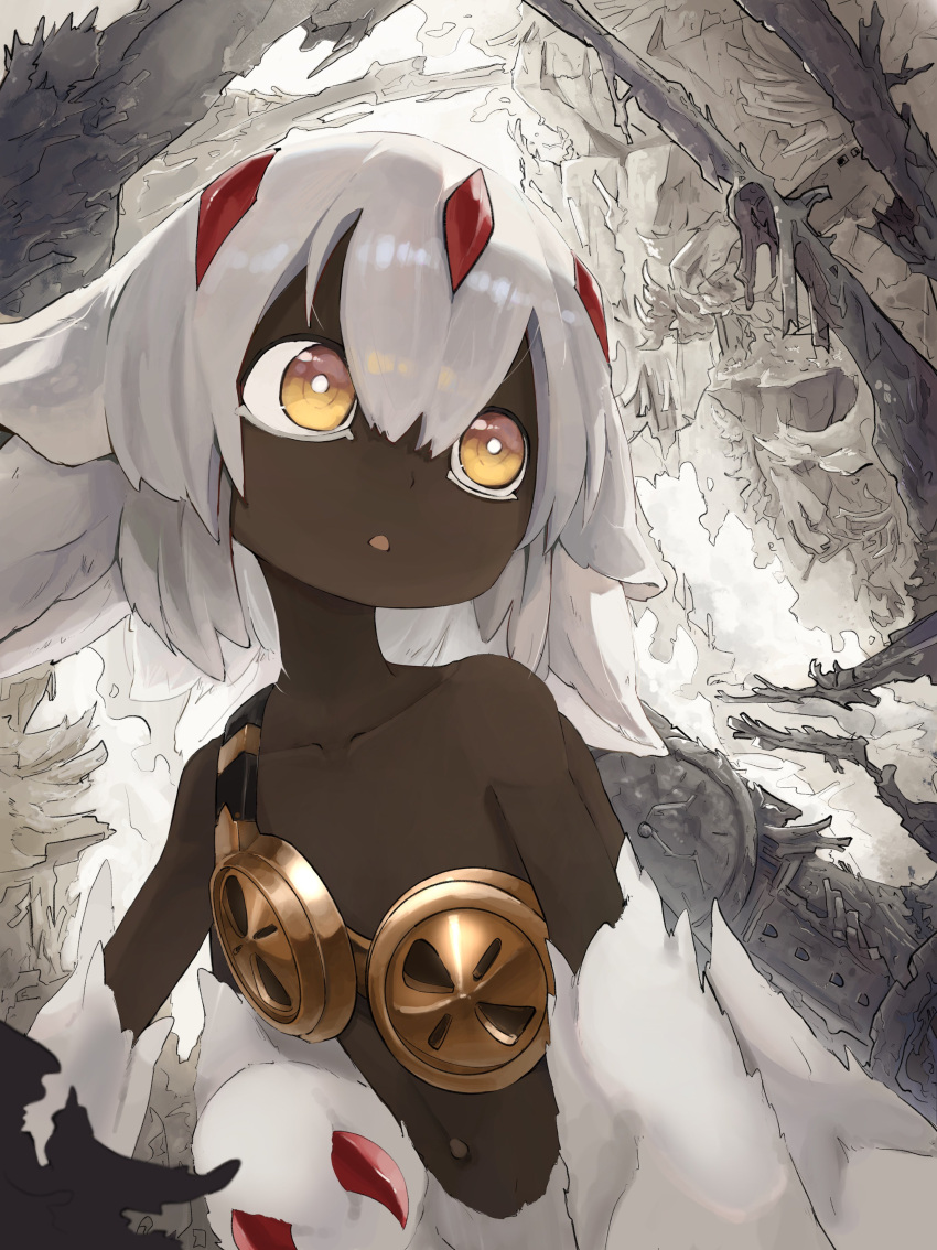 1girl :o absurdres black_skin bright_pupils claws collarbone colored_skin ears_down extra_arms faputa highres made_in_abyss monster_girl navel ninney5 open_mouth outie_navel single_strap solo white_fur white_hair white_pupils yellow_eyes