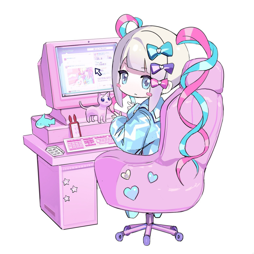 1girl blister_pack blonde_hair blue_bow blue_eyes blue_hair blue_shirt blunt_bangs bow cellphone chair chibi chouzetsusaikawa_tenshi-chan closed_mouth commentary cursor desk full_body gaming_chair hair_bow hair_ornament heart heart_hair_ornament highres keyboard_(computer) long_hair long_sleeves looking_at_viewer looking_back monitor multicolored_hair needy_girl_overdose p-chan_(needy_girl_overdose) phone pink_bow pink_hair purple_bow quad_tails sailor_collar shirt simple_background sitting smartphone solo swivel_chair symbol-only_commentary twintails user_interface very_long_hair white_background window_(computing) xwm