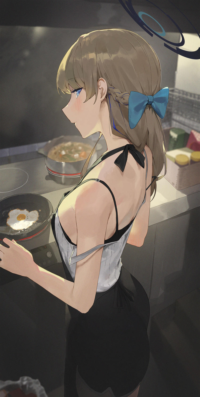 1girl absurdres black_shorts blonde_hair blue_archive blue_eyes blue_hair blue_halo blush braid breasts cooking cooking_pot cowboy_shot dolphin_shorts fried_egg from_side frying_pan halo highres indoors kitchen kji_(rozo) long_hair looking_at_viewer looking_to_the_side medium_breasts multicolored_hair profile shorts solo stove streaked_hair toki_(blue_archive)