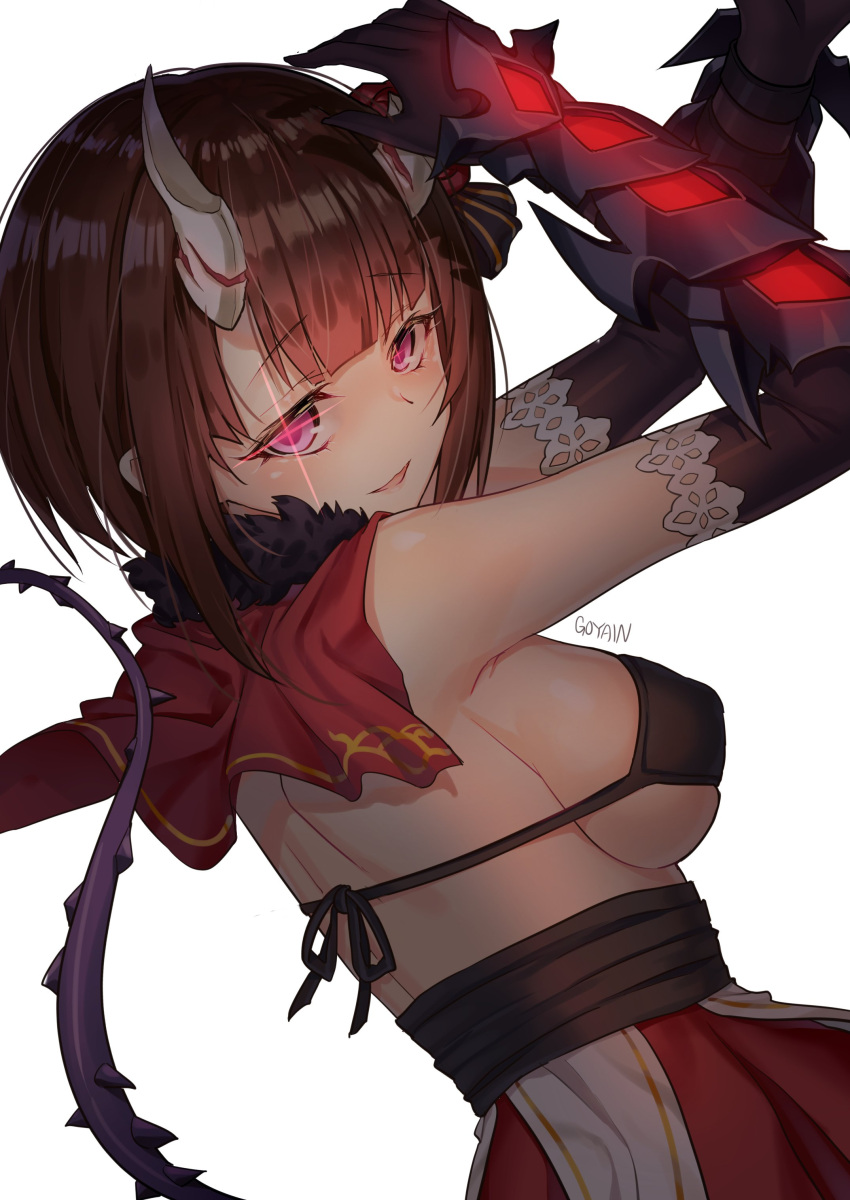 1girl absurdres arm_guards artist_name black_bra blunt_bangs bob_cut bra breasts broken_horn brown_hair capelet dress elbow_gloves eriko_(princess_connect!) gloves goyain hands_up highres horns inverted_bob lace-trimmed_gloves lace_trim looking_at_viewer looking_back medium_breasts non-web_source pink_eyes princess_connect! red_capelet red_dress short_hair sideboob simple_background solo spiked_tail tail two-tone_dress underwear white_background white_dress