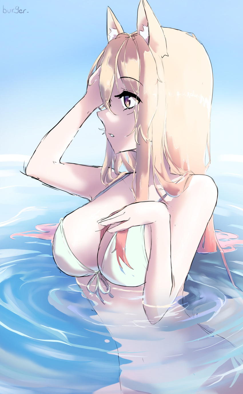 absurdres animal_ears beach bikini blonde_hair burgerpackaging fox_ears fox_girl fox_tail from_side highres ocean original pink_hair purple_eyes sketch swimsuit tail water wet wet_clothes wet_hair wet_swimsuit