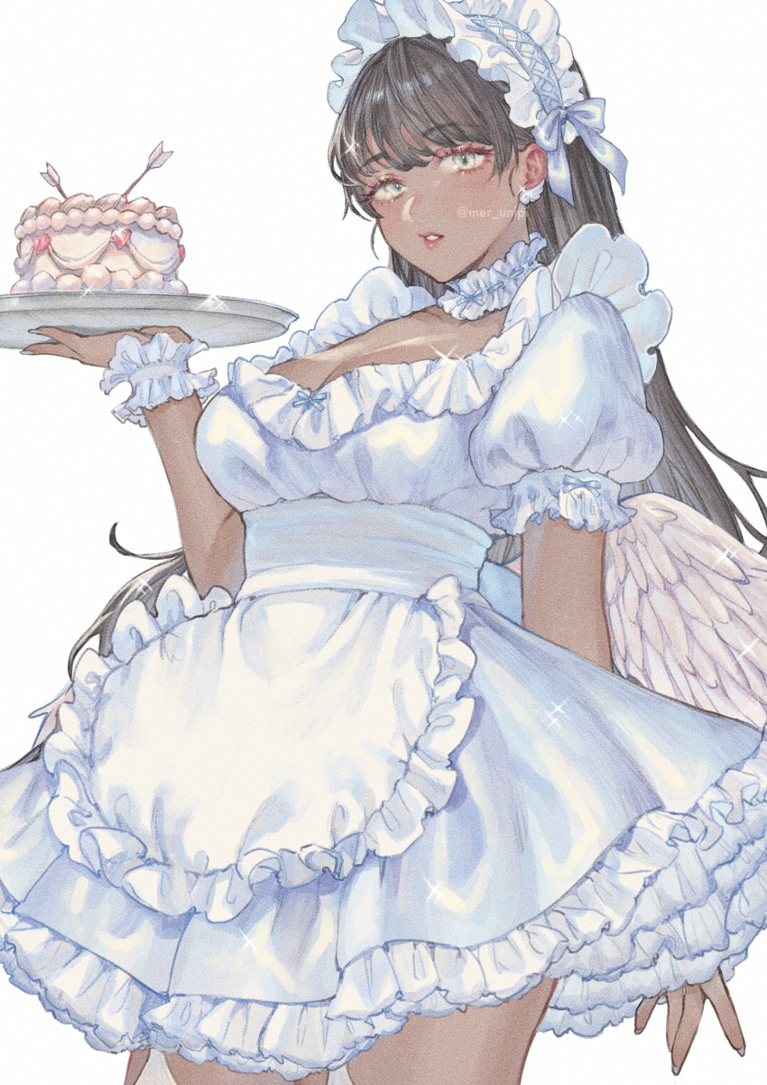 1girl absurdres angel_wings black_hair cake dark-skinned_female dark_skin dress feathered_wings food frilled_dress frills green_eyes headdress highres long_hair looking_at_viewer low_wings original puffy_short_sleeves puffy_sleeves short_sleeves solo thighhighs uni_(melm) waitress white_background white_dress white_thighhighs wings