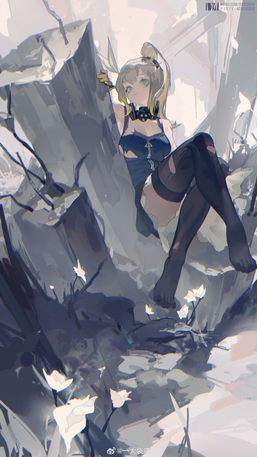 1girl absurdres aqua_eyes black_thighhighs blonde_hair dm_(dai_miao) feet flower girls'_frontline girls'_frontline_2:_exilium gloves highres long_hair ruins sharkry_(girls'_frontline_2) side_ponytail sitting solo thighhighs torn_clothes torn_thighhighs weibo_username