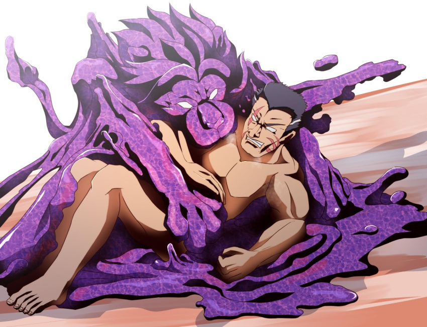 2018 anthro biceps covering covering_crotch duo felid glistening glistening_body goo_creature human imminent_transformation lion lying male male/male mammal muscular muscular_male nude on_back pantherine pecs purple_body scar simple_background unknown_character uwaxaa white_background white_eyes