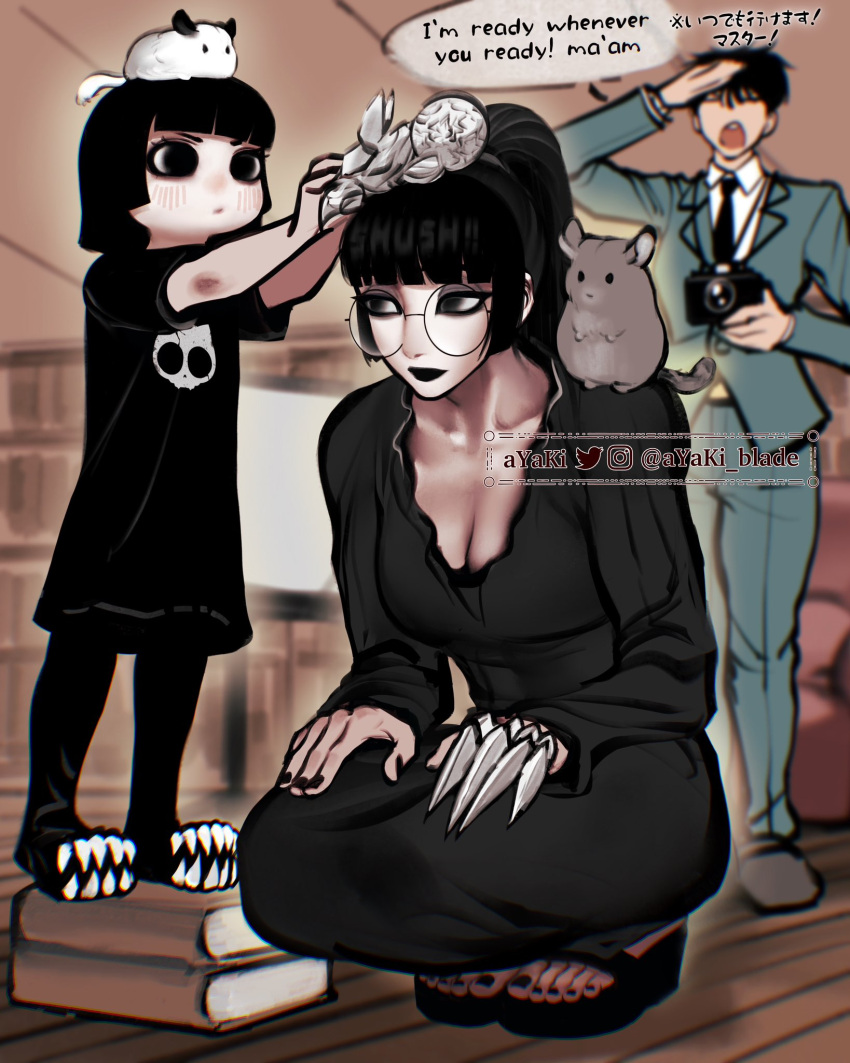 3girls abysse_(ayaki_blade) animal_on_head animal_on_shoulder aqua_suit artist_name ayaki_blade black_dress black_eyes black_eyeshadow black_hair black_nails black_necktie blunt_bangs bob_cut book book_stack breasts camera child chinchilla_(animal) claws cleavage closed_eyes commentary dress dslr english_commentary english_text engrish_text eyeshadow glasses gothic highres large_breasts makeup mixed-language_commentary mixed-language_text multiple_girls nail_polish necktie on_head origami original ponytail ranguage round_eyewear salute sandals siblings sisters squatting suit sylense_(ayaki_blade) toenail_polish toenails tomoka_(ayaki_blade) twitter_username v-shaped_eyebrows watermark