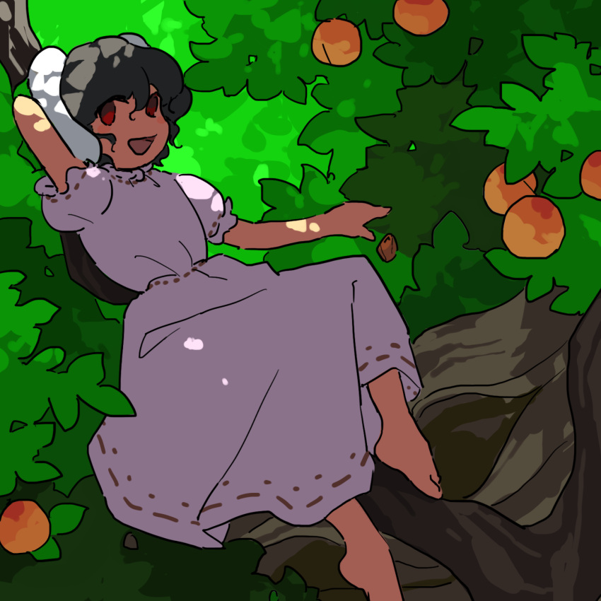 1girl animal_ears arm_behind_head barefoot black_hair commentary_request day dress flat_chest food fruit highres in_tree inaba_tewi kaigen_1025 no_sclera open_mouth peach peach_tree pink_dress puffy_short_sleeves puffy_sleeves rabbit_ears rabbit_girl red_eyes ribbon-trimmed_dress ribbon-trimmed_sleeves ribbon_trim short_sleeves sitting sitting_in_tree sketch smile solo touhou tree